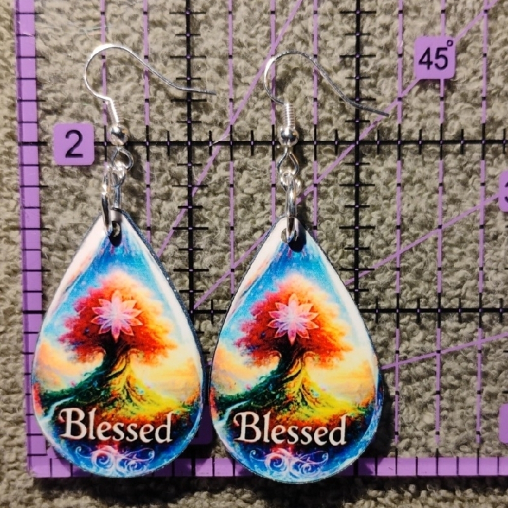 Colorful 'Blessed' Teardrop Earrings - Picture 3 of 3